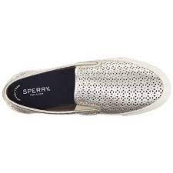 NWT SPERRY TOP SIDER WOMENS SEASIDE PERFORATED EMBOSS LEATHER SHOES PLATINUM 5.5 - Picture 5 of 10